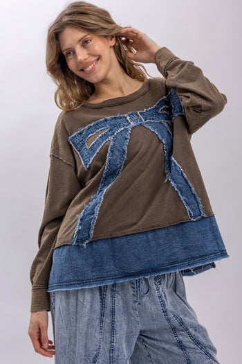 BlueVelvet Denim Bow Patched Top in Brown-Denim