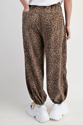 Easel Leopard Print Terry Knit Joggers in Mocha