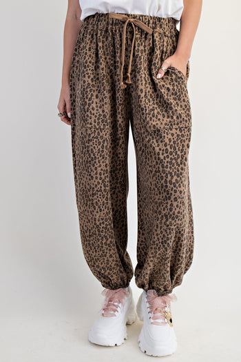 Easel Leopard Print Terry Knit Joggers in Mocha