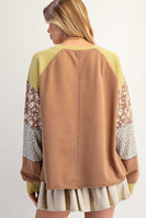 Easel Mixed Print Patchwork Sleeve Top in Mocha