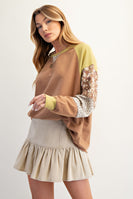 Easel Mixed Print Patchwork Sleeve Top in Mocha