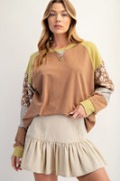 Easel Mixed Print Patchwork Sleeve Top in Mocha