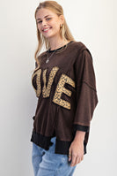 Easel Solid Color Terry Knit Top with Leopard Print LOVE Patched Front in Black