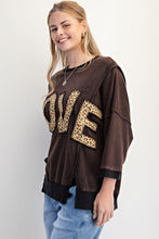 Load image into Gallery viewer, Easel Solid Color Terry Knit Top with Leopard Print LOVE Patched Front in Black
