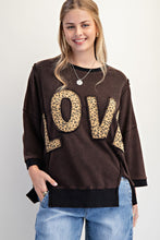 Load image into Gallery viewer, Easel Solid Color Terry Knit Top with Leopard Print LOVE Patched Front in Black
