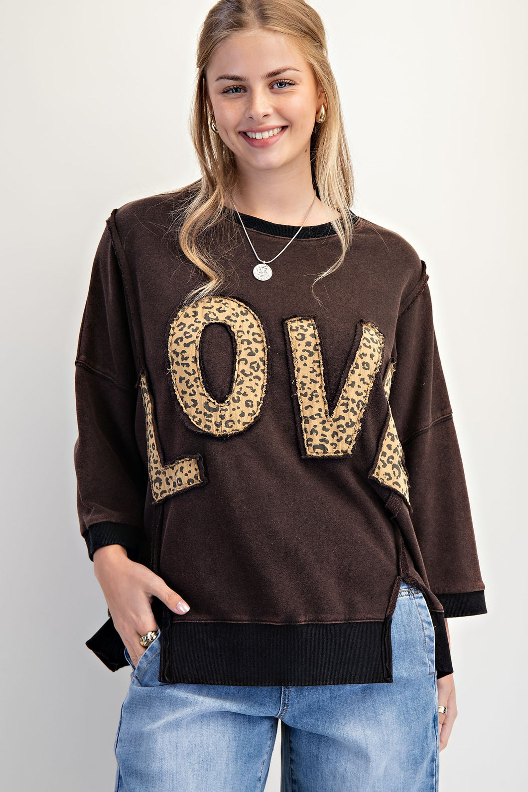 Easel Solid Color Terry Knit Top with Leopard Print LOVE Patched Front in Black