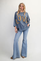 Easel Solid Color Terry Knit Top with Leopard Print LOVE Patched Front in Washed Denim