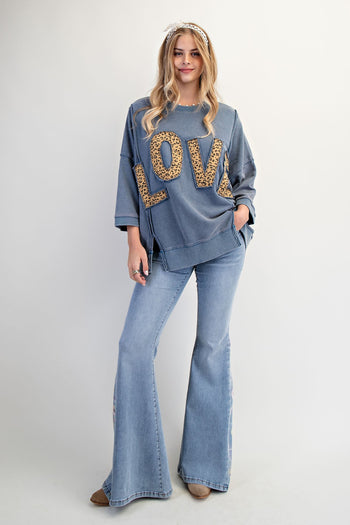 Easel Solid Color Terry Knit Top with Leopard Print LOVE Patched Front in Washed Denim