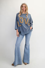 Load image into Gallery viewer, Easel Solid Color Terry Knit Top with Leopard Print LOVE Patched Front in Washed Denim
