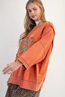 Easel Solid Color Terry Knit Top with Leopard Print LOVE Patched Front in Spice