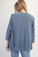 Easel Solid Color Terry Knit Top with Leopard Print LOVE Patched Front in Washed Denim