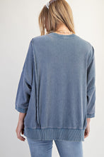Load image into Gallery viewer, Easel Solid Color Terry Knit Top with Leopard Print LOVE Patched Front in Washed Denim
