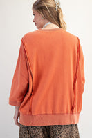 Easel Solid Color Terry Knit Top with Leopard Print LOVE Patched Front in Spice