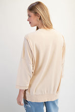 Load image into Gallery viewer, Easel Solid Color Terry Knit Top with Leopard Print LOVE Patched Front in Light Khaki
