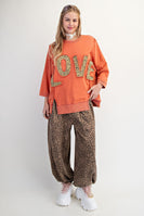Easel Solid Color Terry Knit Top with Leopard Print LOVE Patched Front in Spice