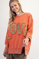 Easel Solid Color Terry Knit Top with Leopard Print LOVE Patched Front in Spice