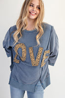 Easel Solid Color Terry Knit Top with Leopard Print LOVE Patched Front in Washed Denim