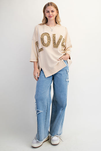 Easel Solid Color Terry Knit Top with Leopard Print LOVE Patched Front in Light Khaki