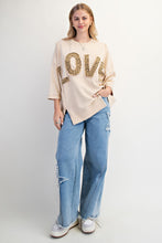 Load image into Gallery viewer, Easel Solid Color Terry Knit Top with Leopard Print LOVE Patched Front in Light Khaki
