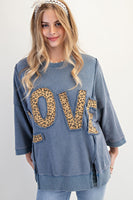 Easel Solid Color Terry Knit Top with Leopard Print LOVE Patched Front in Washed Denim