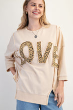 Load image into Gallery viewer, Easel Solid Color Terry Knit Top with Leopard Print LOVE Patched Front in Light Khaki
