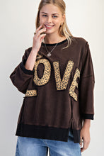 Load image into Gallery viewer, Easel Solid Color Terry Knit Top with Leopard Print LOVE Patched Front in Black
