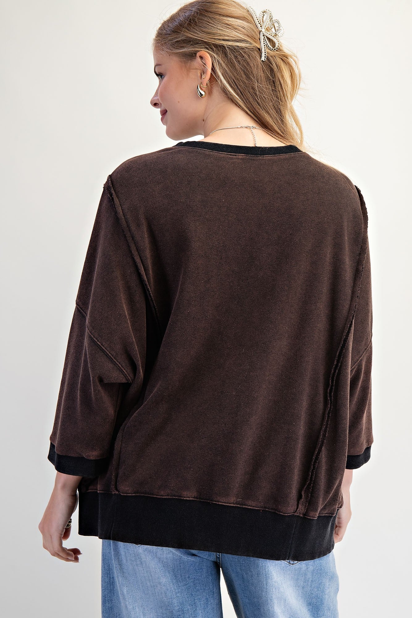 Easel Solid Color Terry Knit Top with Leopard Print LOVE Patched