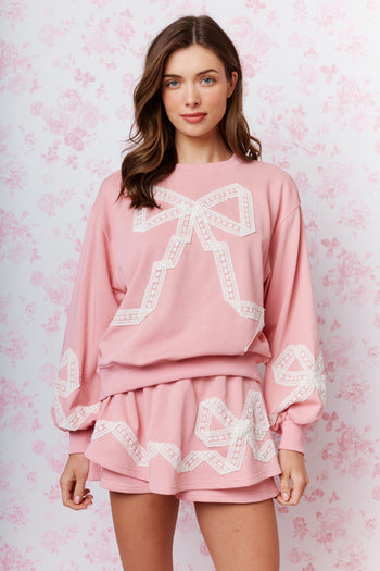 RARERAW Terry Knit Sweatshirt and Skort Set with Lace Bow Details in Pink
