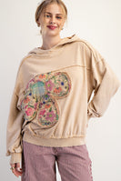 Easel Terry Knit Flower Patched Pullover Hoodie in Latte