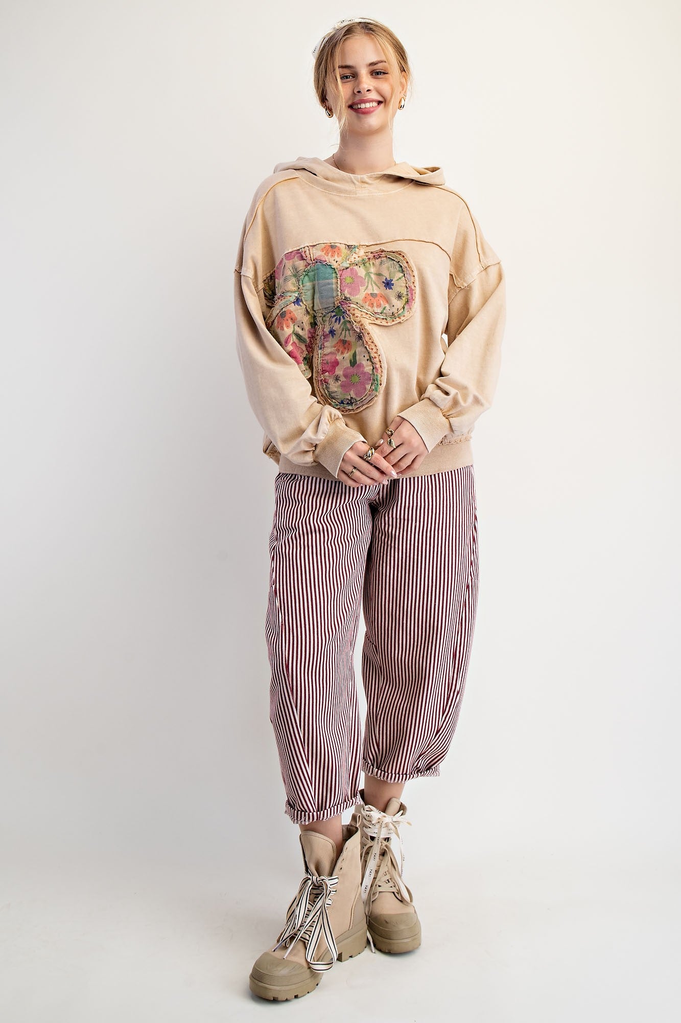 Easel Terry Knit Flower Patched Pullover Hoodie in Latte – June Adel