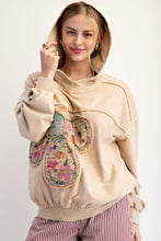 Load image into Gallery viewer, Easel Terry Knit Flower Patched Pullover Hoodie in Latte
