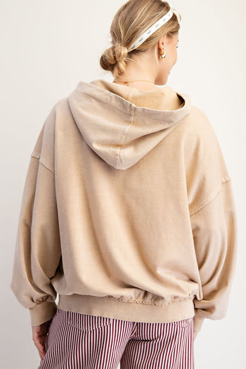 Easel Terry Knit Flower Patched Pullover Hoodie in Latte