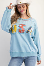 Load image into Gallery viewer, Easel Soft Washed Terry Knit Sweatshirt with Mixed Print USA Patched Front in Dusk Blue

