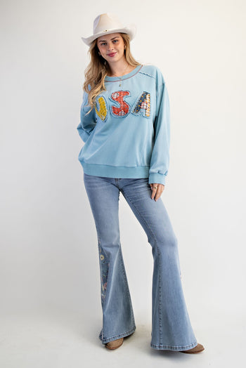 Easel Soft Washed Terry Knit Sweatshirt with Mixed Print USA Patched Front in Dusk Blue