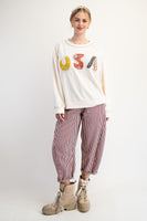 Easel Soft Washed Terry Knit Sweatshirt with Mixed Print USA Patched Front in Ivory