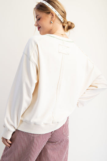 Easel Soft Washed Terry Knit Sweatshirt with Mixed Print USA Patched Front in Ivory