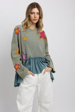 Load image into Gallery viewer, BlueVelvet OVERSIZED Star Patched Ruffle Hem Top in Sage Blue ON ORDER
