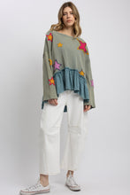 Load image into Gallery viewer, BlueVelvet OVERSIZED Star Patched Ruffle Hem Top in Sage Blue ON ORDER
