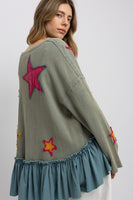 BlueVelvet OVERSIZED Star Patched Ruffle Hem Top in Sage Blue ON ORDER