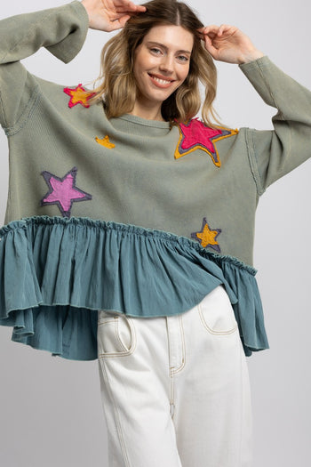 BlueVelvet OVERSIZED Star Patched Ruffle Hem Top in Sage Blue ON ORDER
