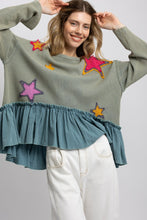 Load image into Gallery viewer, BlueVelvet OVERSIZED Star Patched Ruffle Hem Top in Sage Blue ON ORDER
