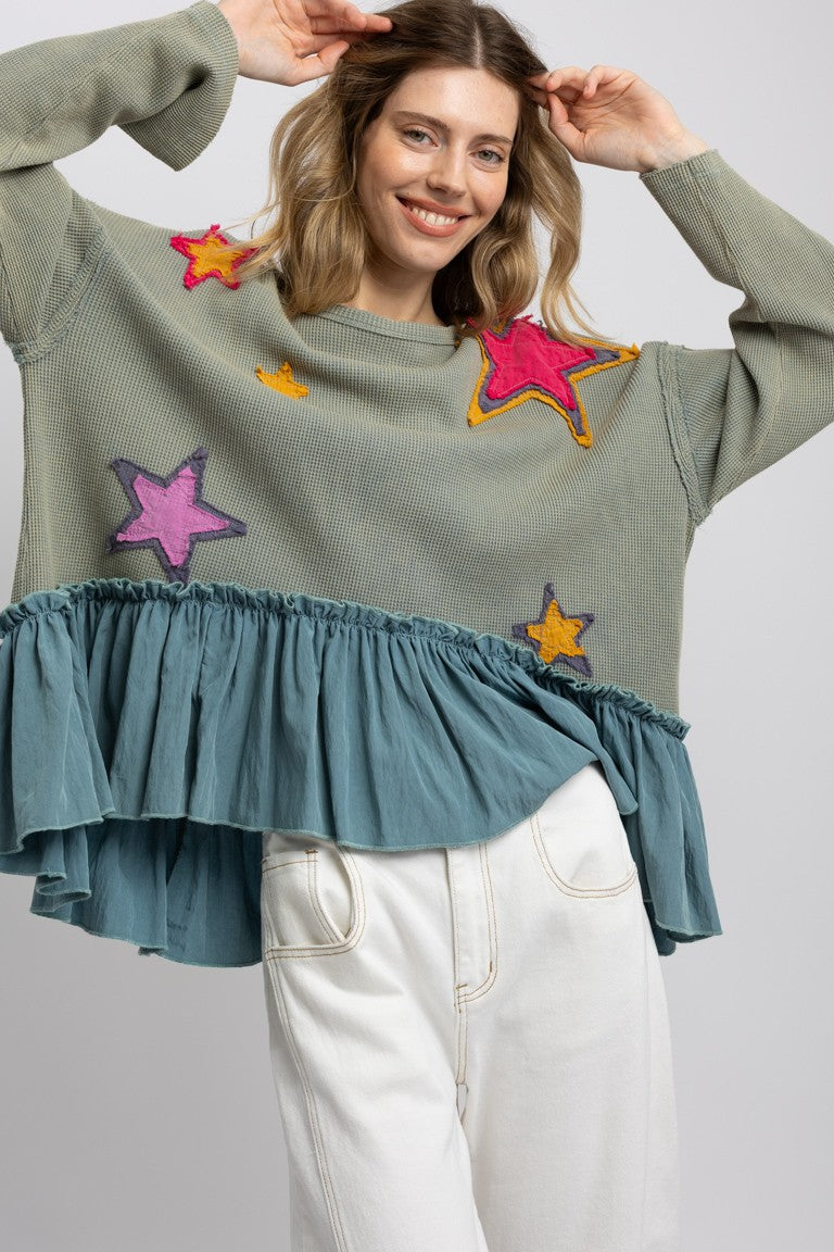 BlueVelvet OVERSIZED Star Patched Ruffle Hem Top in Sage Blue ON ORDER