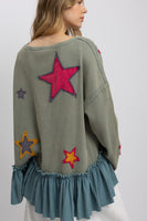 BlueVelvet OVERSIZED Star Patched Ruffle Hem Top in Sage Blue ON ORDER