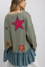 Load image into Gallery viewer, BlueVelvet OVERSIZED Star Patched Ruffle Hem Top in Sage Blue ON ORDER
