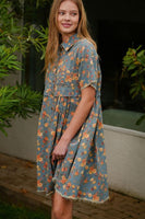 TRENDiLiTY Washed Denim Floral Print Mini Dress in Denim