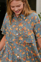 TRENDiLiTY Washed Denim Floral Print Mini Dress in Denim