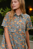 TRENDiLiTY Washed Denim Floral Print Mini Dress in Denim