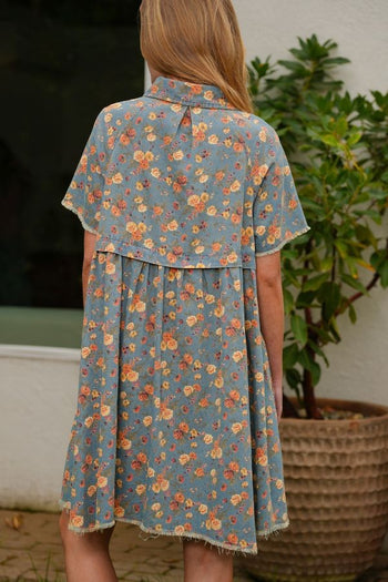 TRENDiLiTY Washed Denim Floral Print Mini Dress in Denim