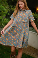 TRENDiLiTY Washed Denim Floral Print Mini Dress in Denim