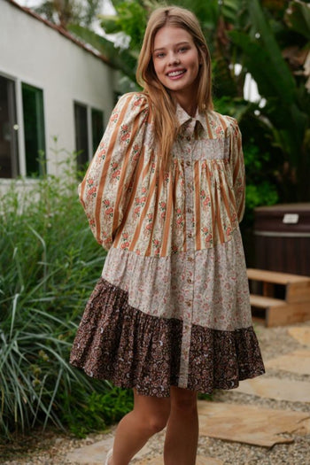 TRENDiLiTY Mix n Match Print Boho Mini Dress in Brown Mix